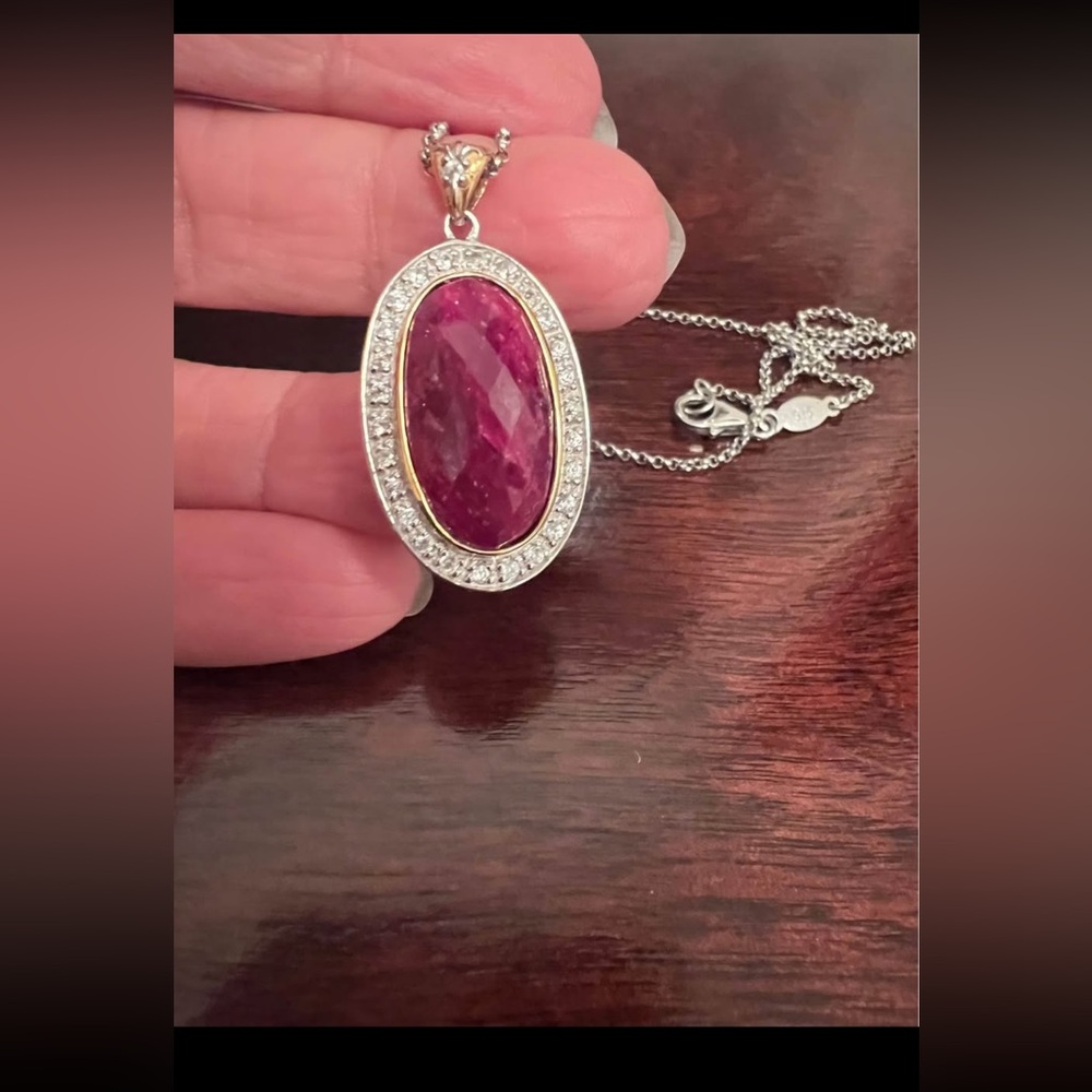NF 925 sterling silver two tone ruby Pendant Necklace new !